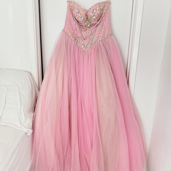 PINK BLUSH SOFT CRYSTAL LACE SHERRI HILL PRINCESS WEDDING PROM BALLGOWN SIZE 12 - Picture 6 of 16